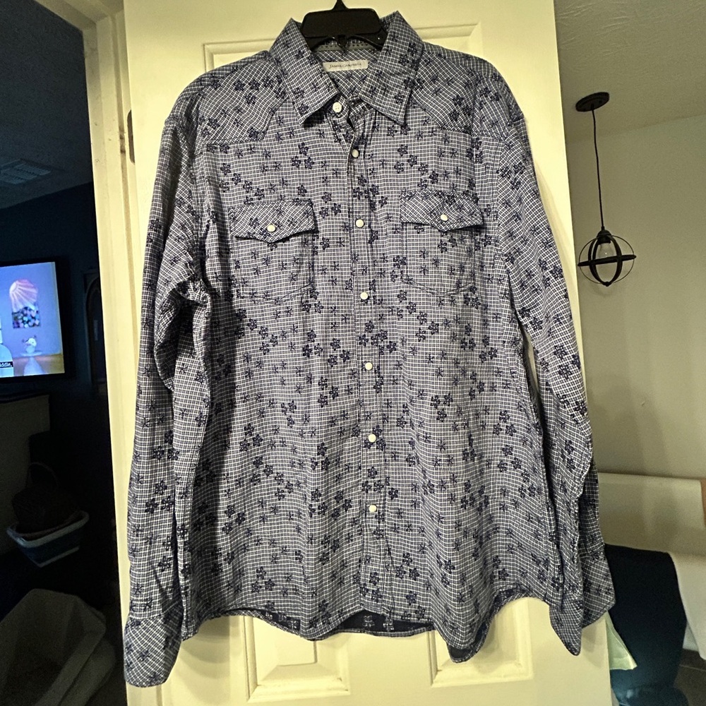 James Campbell Men's Floral & Small Check Long Sleeve Shirt XL Snap pearl Button
